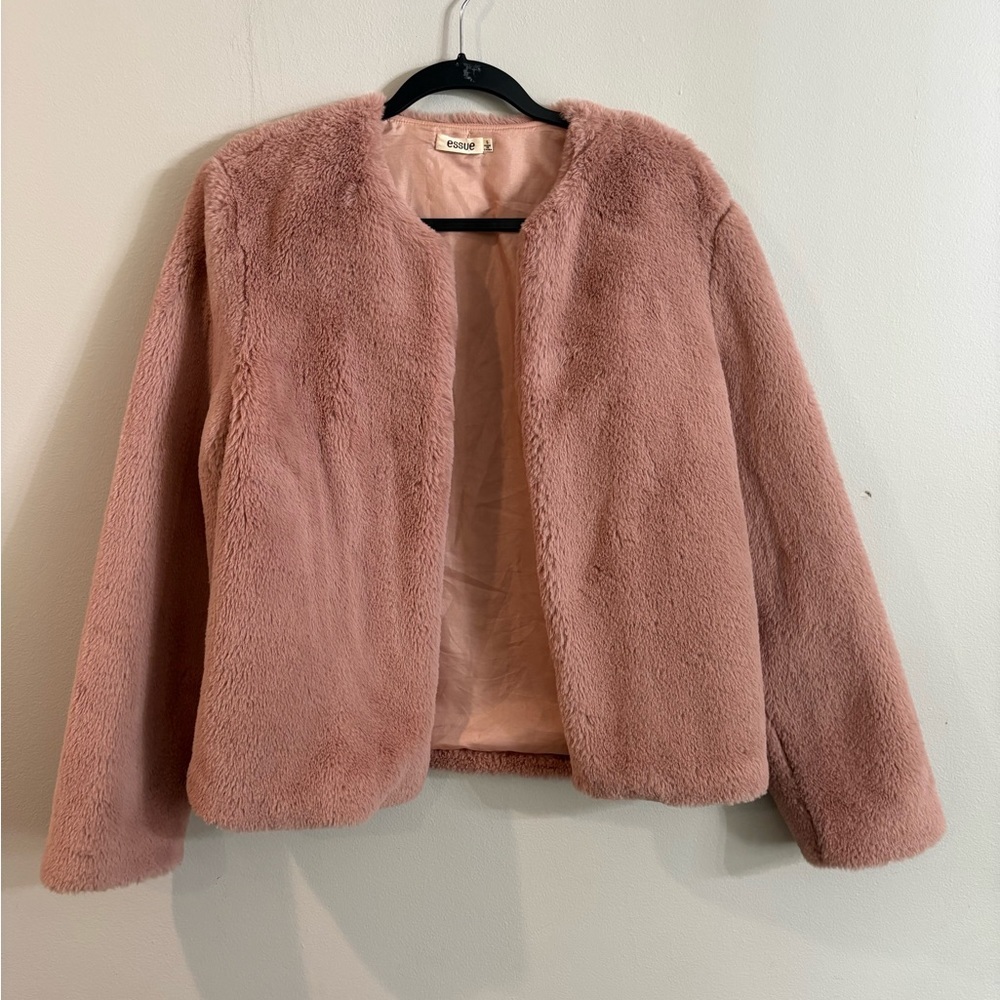 Essue Women’s Blush Mauve Pink Faux Fur Open Front Jacket Size Small